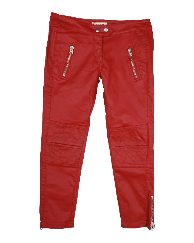 casual capri pants for women -Isabel Marant x H&M Waxed Biker Jeans in Red Cotton