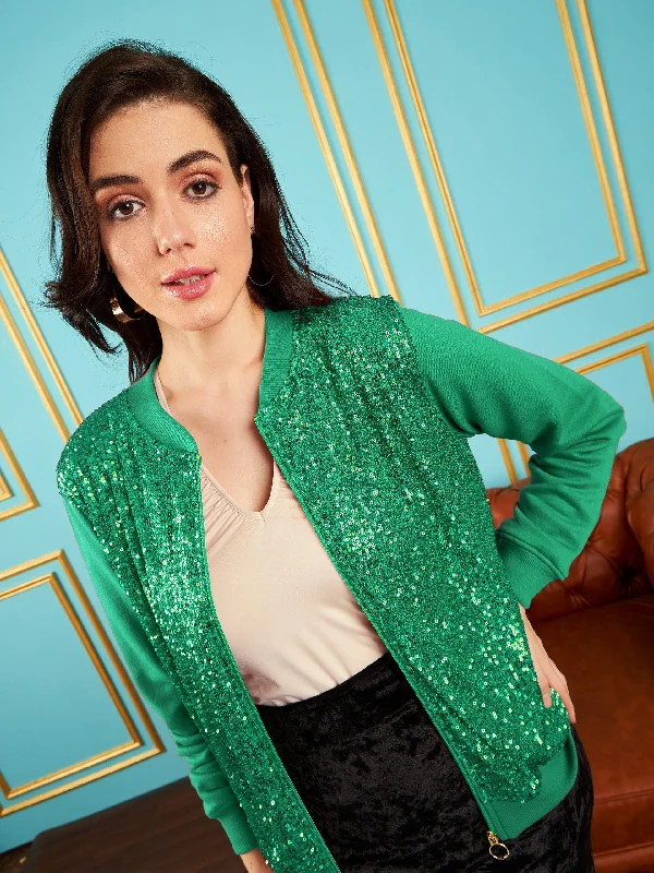 puffer vests for women -Women Green Sequin Jacket