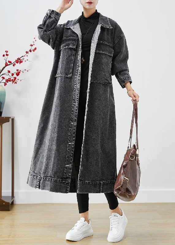 business casual coats for women -Plus Size Black Oversized Pockets Denim Trench Coats Fall