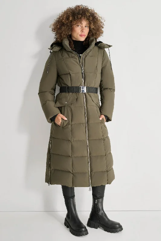 street style coats for women -BOX QUILT LONG PUFFER WITH BELT