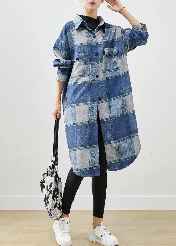 women's lightweight windbreakers -Handmade Blue Plaid Woolen Shirt Trench Coats Fall