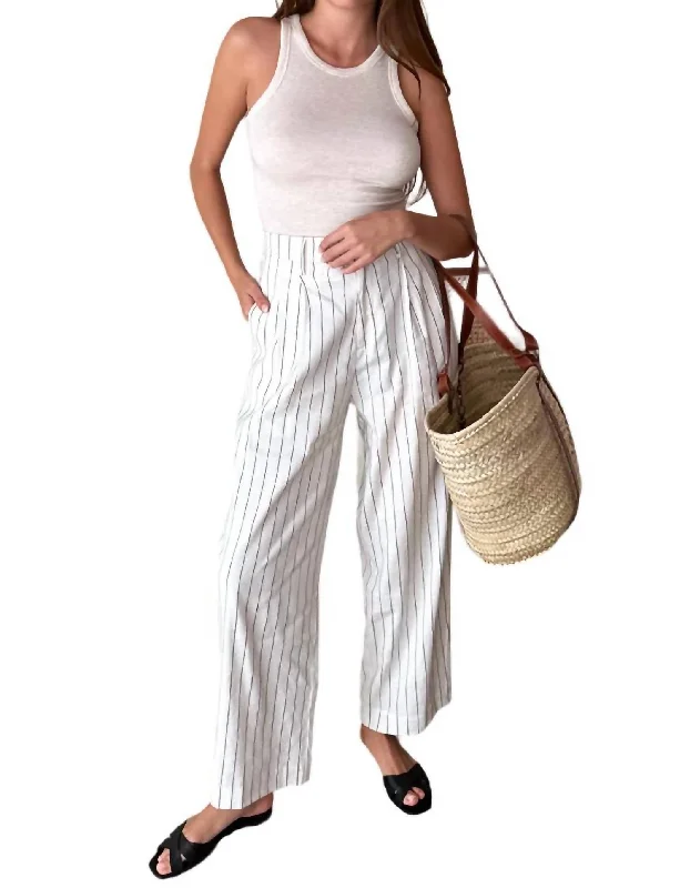 outdoor adventure pants for women -Essential Pleated Pant In Ivory Charcoal Stripe