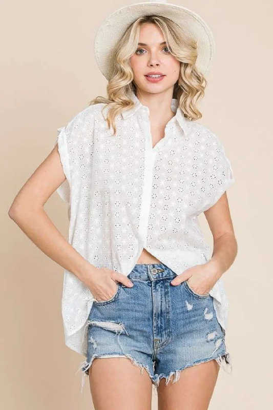 solid color blouses for women -Culture Code Eyelet Crisscross Back Button Up Shirt