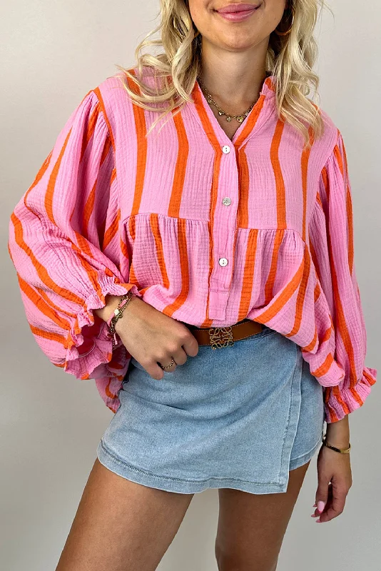 asymmetrical tops for women -Orange Stripe Crinckled Ruffled Sleeve Button up Loose Shirt