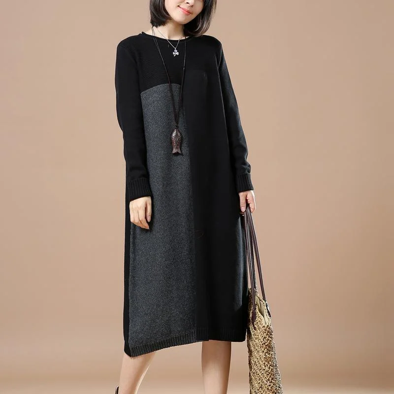 breathable linen tops for women -Black fine woman sweaters winter knit dresses