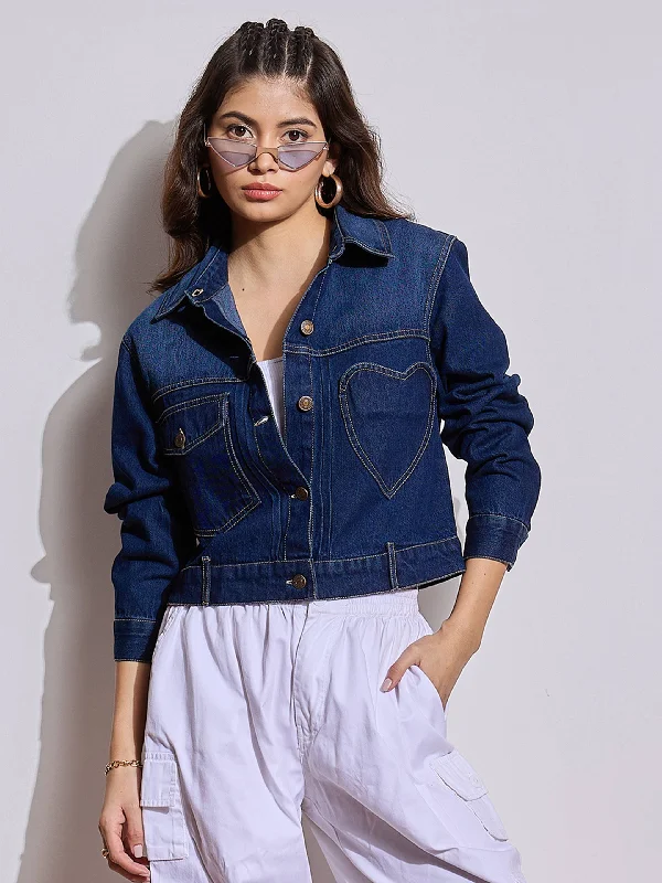 eco-friendly coats for women -Women Blue Denim Heart Pockets Crop Jacket