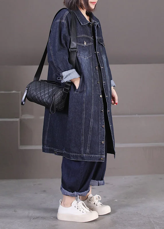 warm down coats for women -Unique Dark Blue Peter Pan Collar Pockets Patchwork Button Denim Long Trench Coat Fall