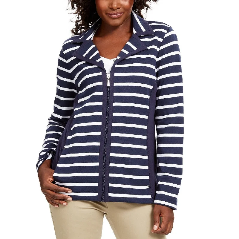 slim fit coats for women -Karen Scott Women's Sport French Terry Striped Jacket Navy Size Extra Small - X-Small