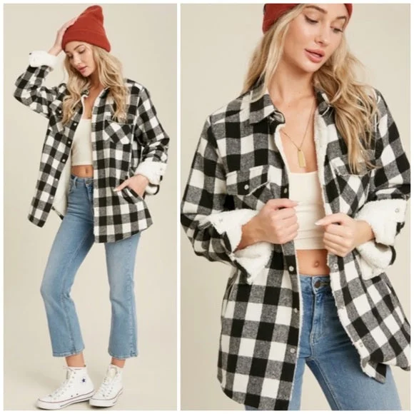 women's winter coats -Black Buffalo Plaid Sherpa Lined Shacket Shirt Jacket Womens