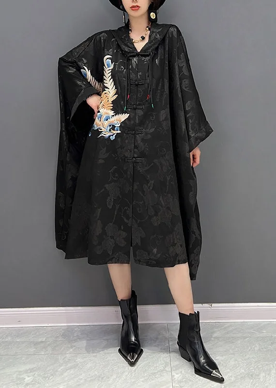 leopard print coats for women -Chinese Style Black Hooded Embroideried Jacquard Cotton Trench Coat Fall