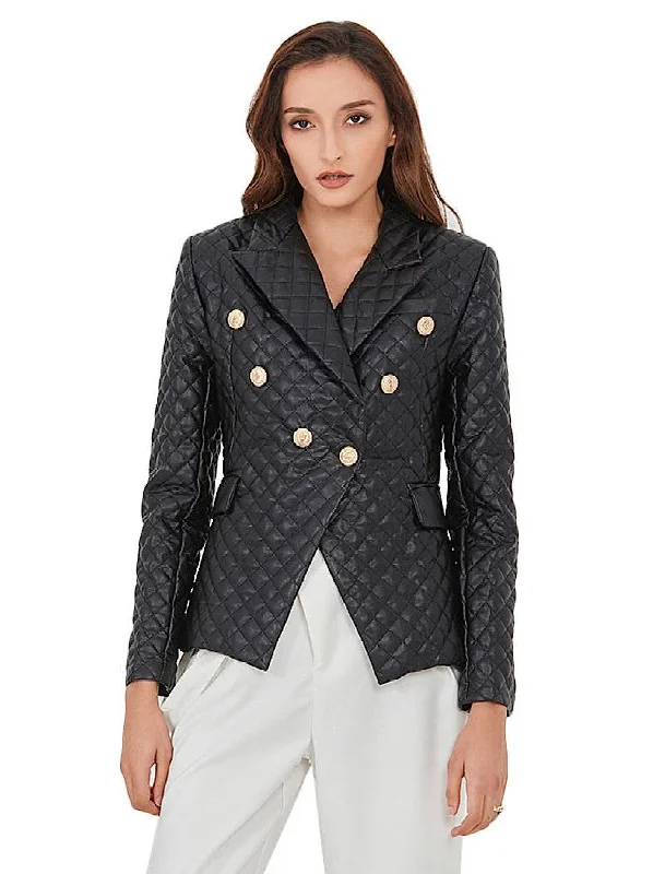 women's winter coats -Black Plaid Pattern Pu Leather Jacket Blazer