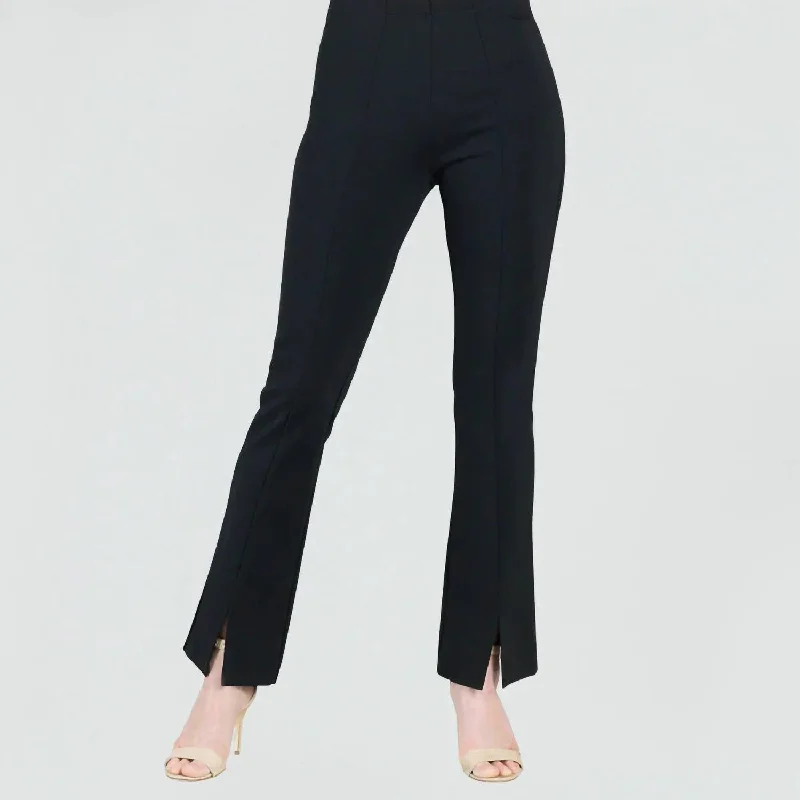 tapered pants for women -Ponte Knit Kick Front Slit Pant In Black