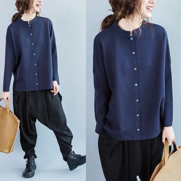 flowy tops for women -Navy cashmere sweater coat knitted cardigan knit top