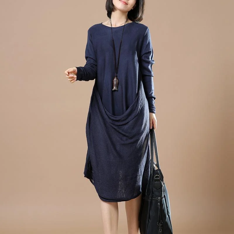 women's cotton t-shirts -Navy draping design sweater dresses