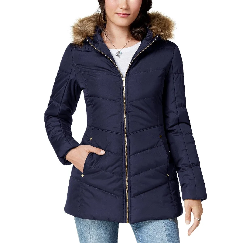 slim fit coats for women -Celebrity Pink Juniors' Faux-Fur Trim Hooded Puffer Coat Navy Size Small