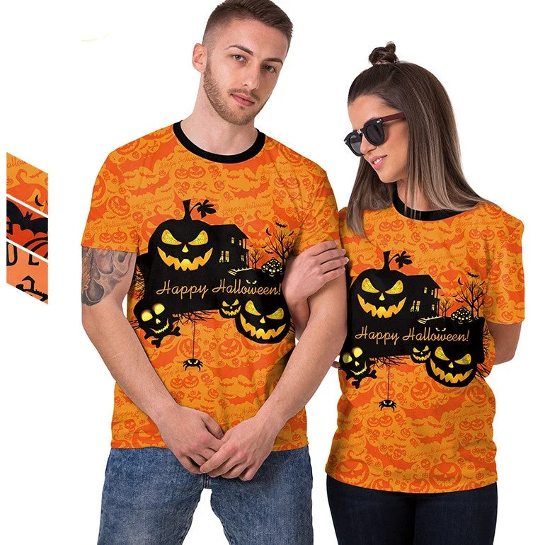 women's workout tank tops -Women's Cartoon Pumpkin Casual Couple Digital Printed T-shirt