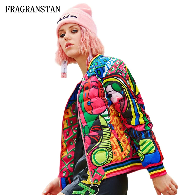 stylish blazers for women -Women Winter New Stand Collar Down Jacket Fashion Abstract Print High Quality Parkas Female Casual Slim Baseball Uniform JQ752