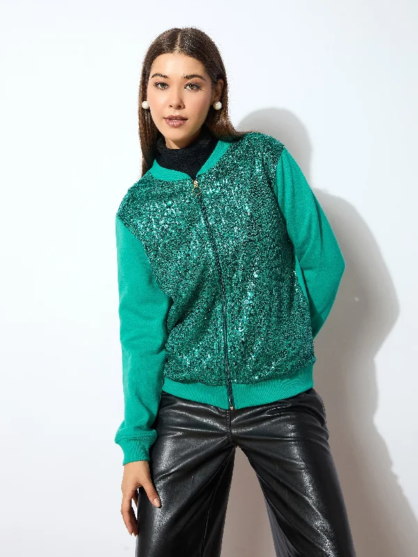 casual hooded jackets for women -Women Green Sequin Jacket