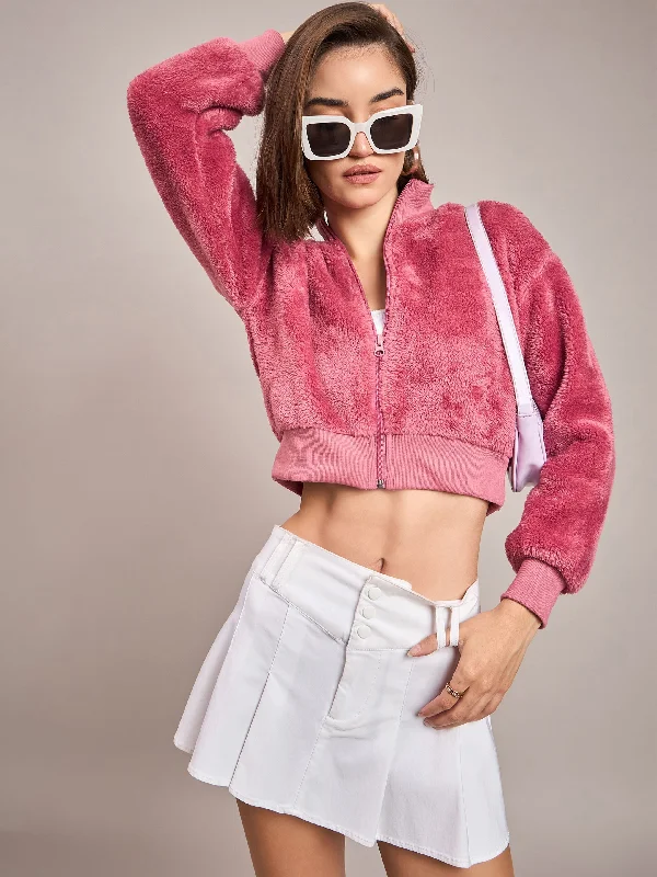 thermal coats for women -Women Pink Fur High Neck Crop Bomber Jacket