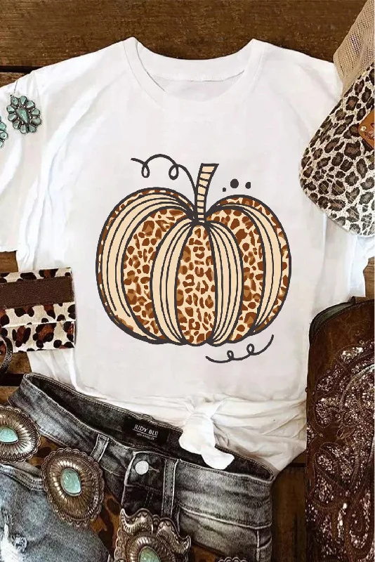 women's workout tank tops -White Leopard Pumpkin Graphic Crewneck Halloween T Shirt