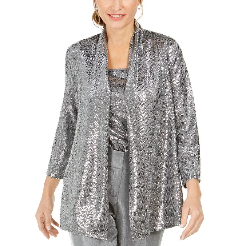 belted wool coats for women -Kasper Women's Metallic Open-Front Jacket Silver Size Large