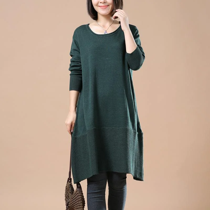 high-neck tops for women -Solid blackish green sweaters knitted dresses