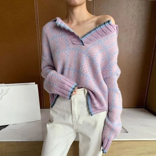 women's bohemian tops -Knitting Splicing Plaid Women Sweater Winter New V-neck Top Casual Fashion