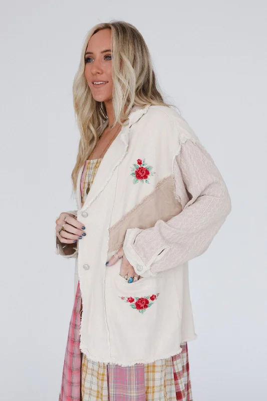 warm fleece parkas for women -Dusty Rose Embroidered Jacket  - Oat