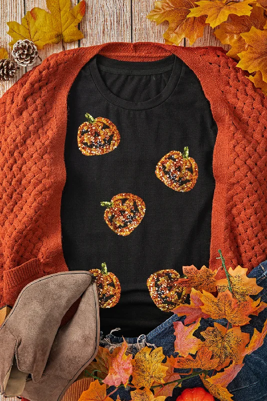 elegant women's tops -Black Sequin Pumpkin Face Halloween T Shirt