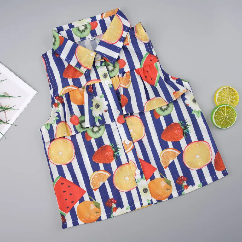 elegant women's tops -Fruit Striped Collared Sleeveless Shirt