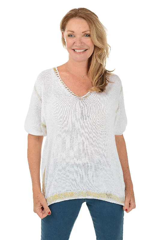 elegant women's tops -Gold Shimmer Trim Short Sleeve Sweater