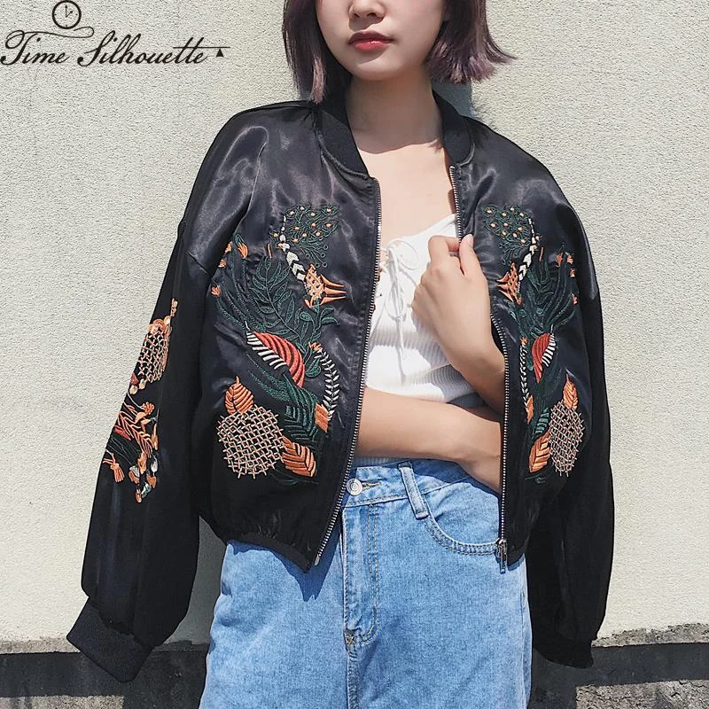 color block jackets for women -Vintage Floral Embroidery Basic Jacket Coat Women Autumn 2018 Street Bomber Jacket Baseball Jackets Jaqueta Casaco Feminina L997