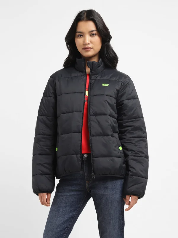 cropped jackets for women -Women's Solid High Neck Quilted Jacket