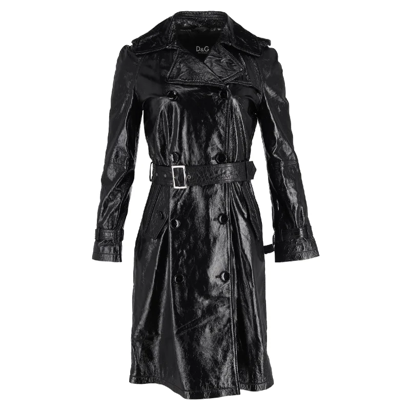 lightweight cashmere coats for women -D&G Crinkled Double-Breasted Trench Coat in Black Leather