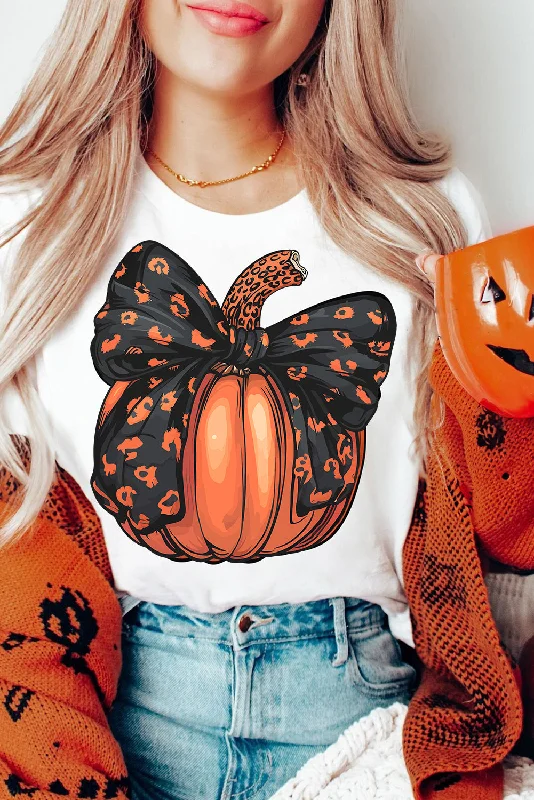 breathable tops for women -White Halloween Bowknot Pumpkin Graphic Crewneck T Shirt