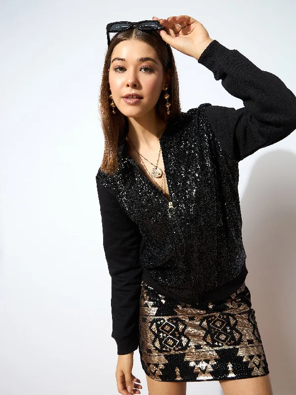 elegant fitted coats for women -Women Black Sequin Jacket