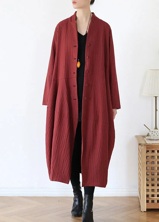 women's faux fur coats -Brick Red V Neck Button Linen Trench Coats Long Sleeve