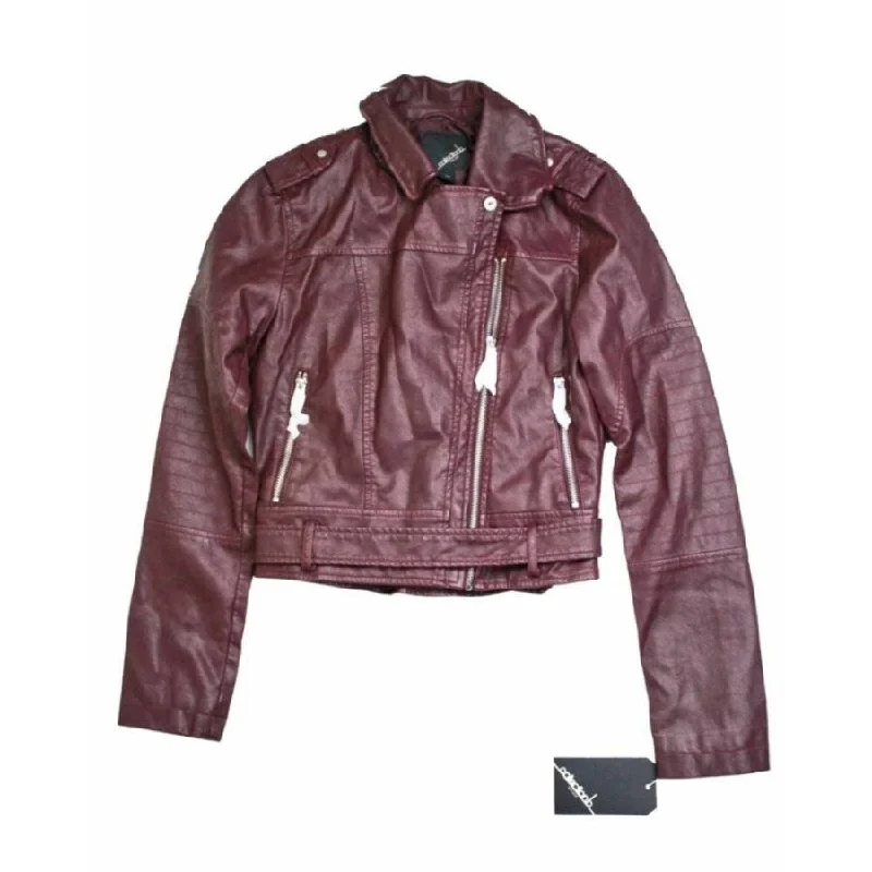 high collar coats for women -Collection B Juniors' Faux-Leather Belted Moto Jacket Wine Size Medium