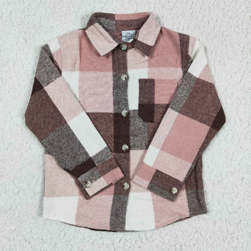 turtleneck tops for women -Pink plaid Flannel T-shirt