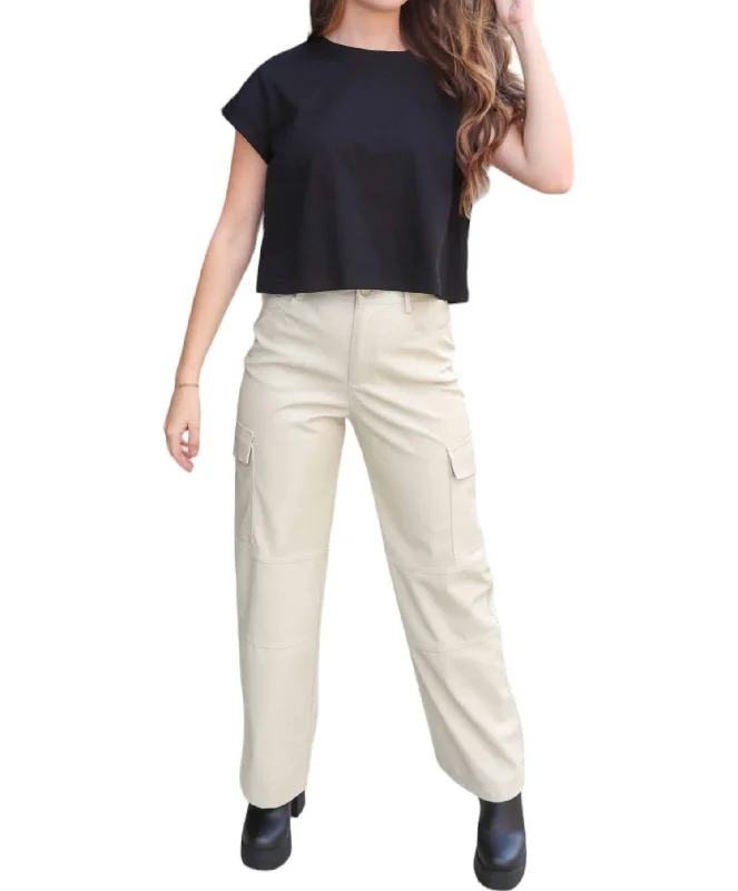 ladies' dress pants -Faux Leather Cargo Pants In Cream