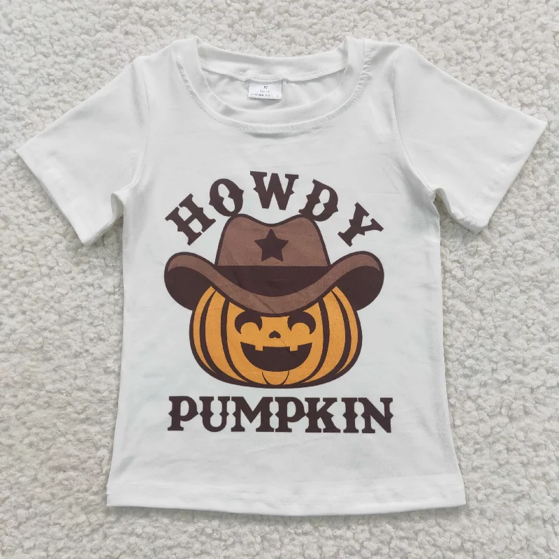 sporty tops for women -Howdy pumpkin print white T-shirts BT0249