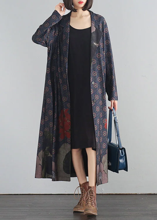 modern trench coats for women -Blue V Neck Print Button Long Trench Coats Fall