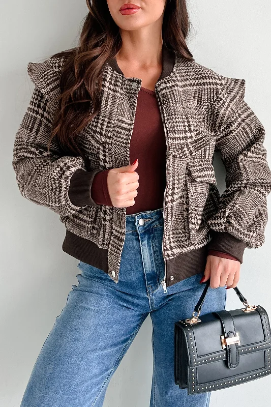 casual zip-up jackets for women -True Trailblazer Plaid Ruffle Bomber Jacket (Brown)