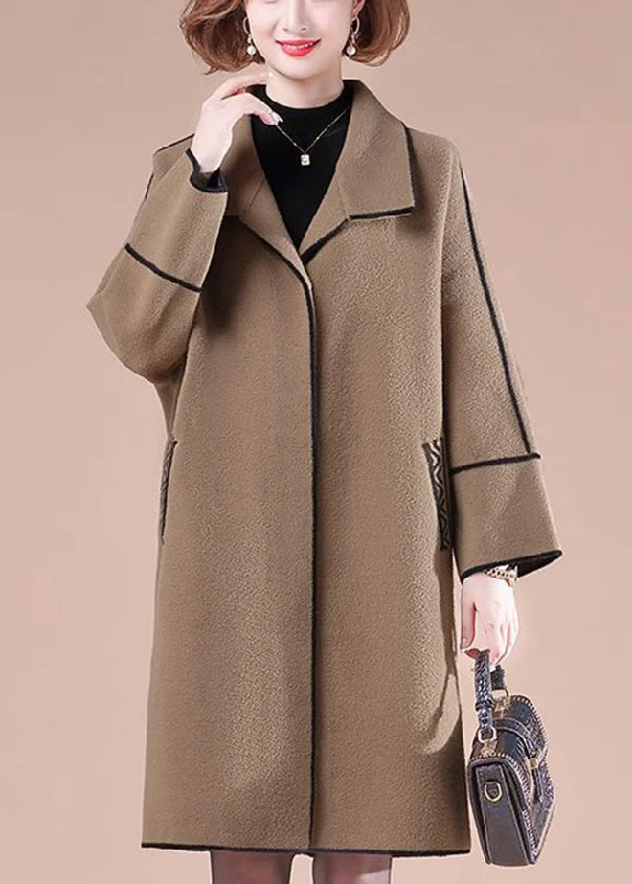 everyday coats for women -Coffee Patchwork Woolen Trench Coats Oversized Winter