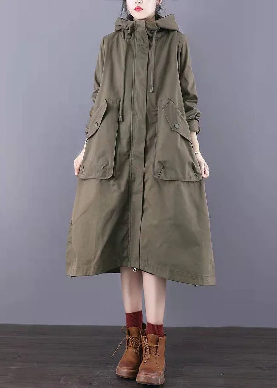 loose trench coats for women -Fitted Army Green Zip Up Pockets Cotton trench coats Spring