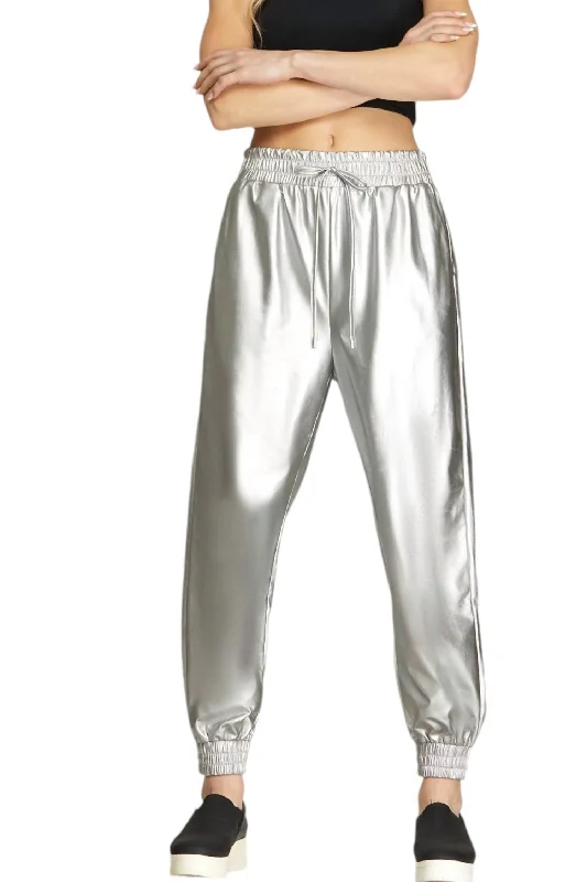 women's athletic pants -Dollar Joggers In Metallic Silver