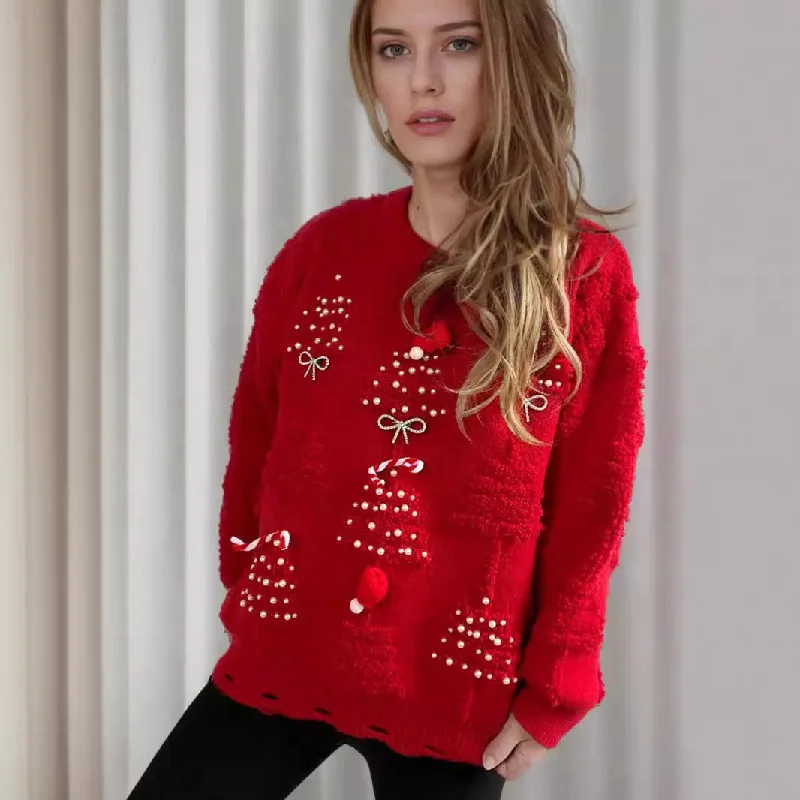 casual long sleeve shirts for women -Korean Style Casual Loose Jumper with Chic Bow Christmas Sweater