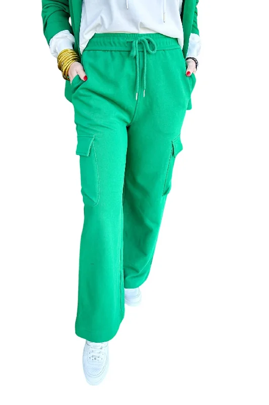 elegant high-waist pants -French Terry Relaxed Wide Leg Cargo Pants In Green