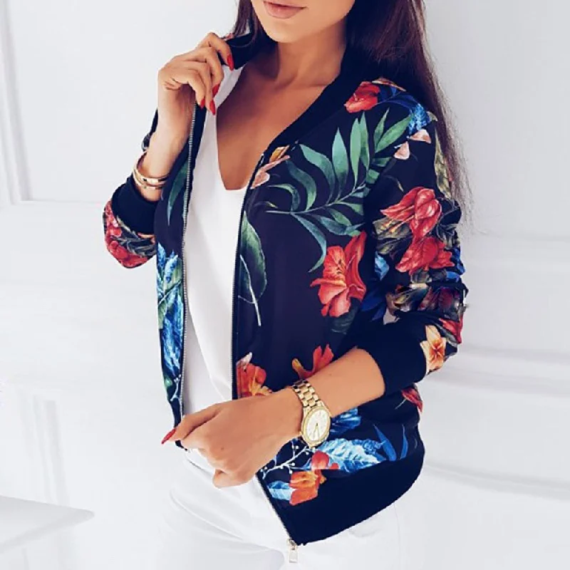 patchwork coats for women -New Ladies Ribbed Trim Flower Print Bomber Jacket Women Autumn Printing Long Sleeve Casual Tops Zipper Jacket Outwear Loose Tops