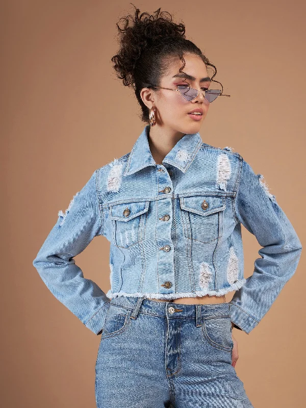 knitted jackets for women -Women Ice Blue Distressed Denim Crop Jacket